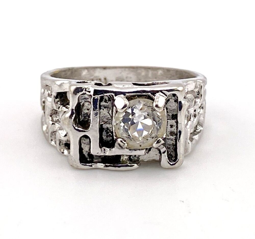 Vintage Uncas Mens Modernist White Gold Plated Crystal Ring Size 12
